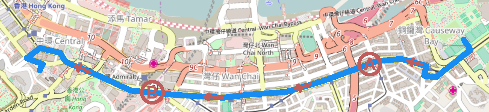 Route of the 1st of July 2006 demonstration in Hong Kong. The two points A and B indicate the location of the two counting points. Courtesy goes to Open Street Map.